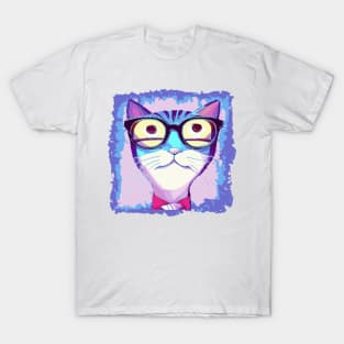 Distressed Cat with Funky Glasses Contemporary Illustration T-Shirt